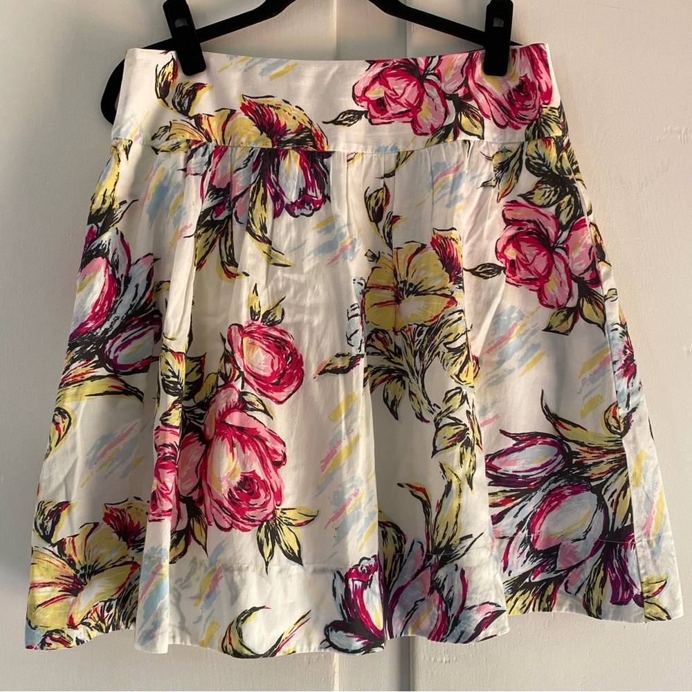CAbi Romantic White A-Line Mid Skirt Pink Green Yellow Floral Print Fresh Garden